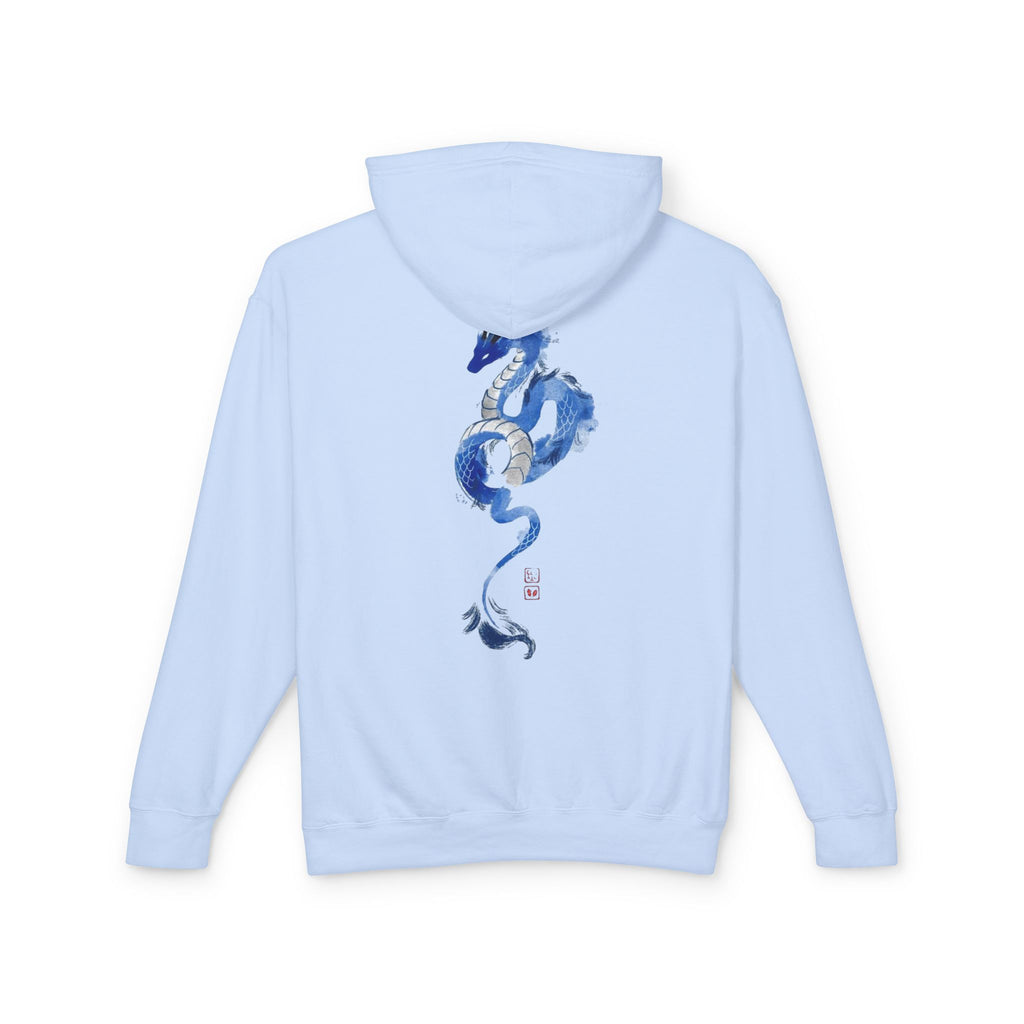 Blue Watercolor Dragon Hoodie — Japanese Calligraphy "Awakened Dragon"