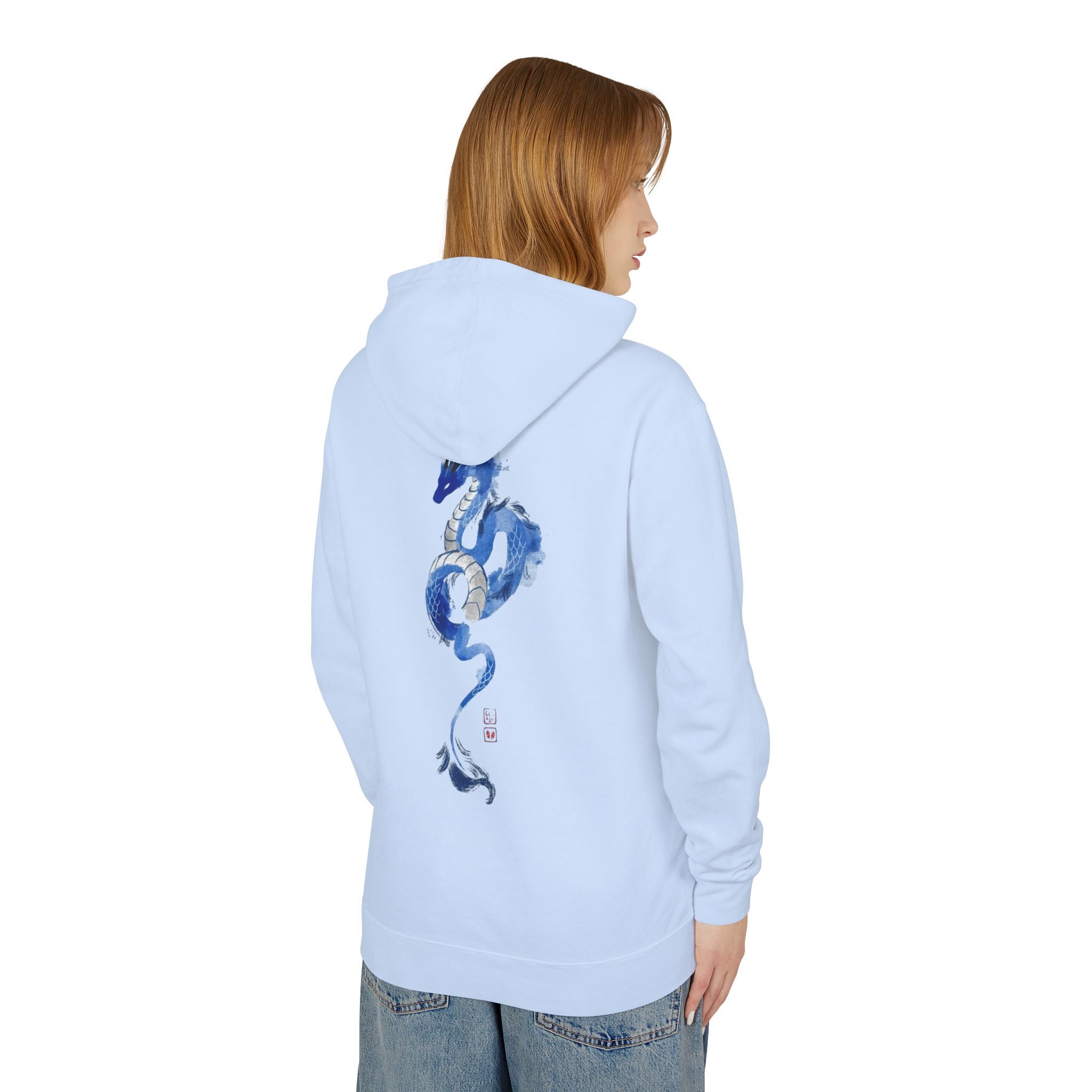 Blue Watercolor Dragon Hoodie — Japanese Calligraphy "Awakened Dragon"