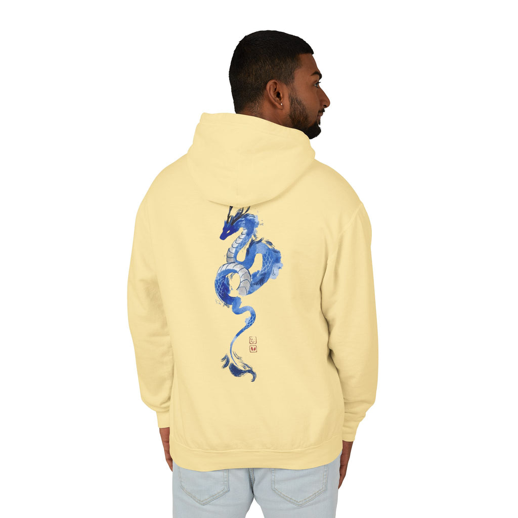 Blue Watercolor Dragon Hoodie — Japanese Calligraphy "Awakened Dragon"