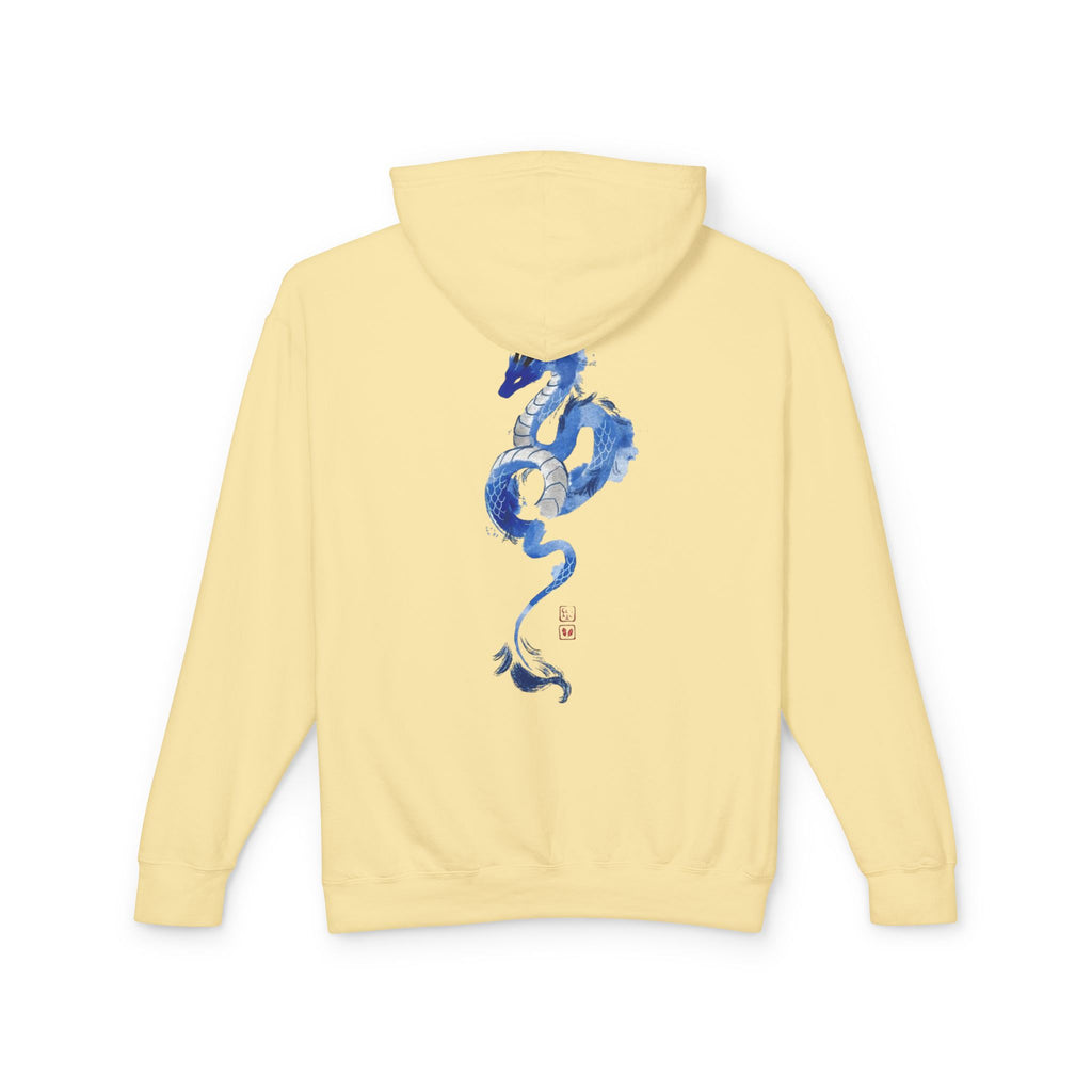 Blue Watercolor Dragon Hoodie — Japanese Calligraphy "Awakened Dragon"